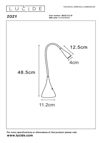 Lucide ZOZY - Lampe de bureau - LED 3 StepDim - 1x4W 3000K - Noir - technique